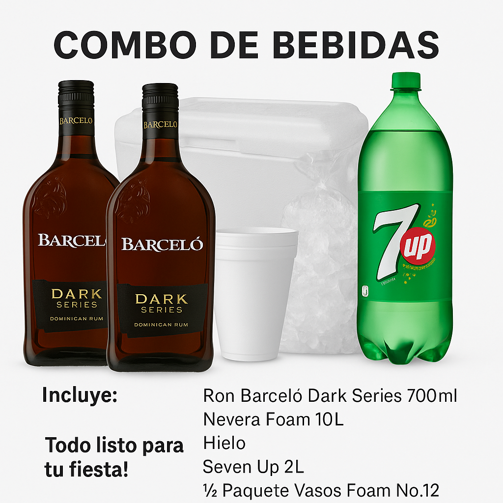 2 Uds Barcelo Dark 700Ml + Nevera Foam 10Lt + Hielo + Seven Up 2LT + 1/2 Paq Vasos Foam no.12 