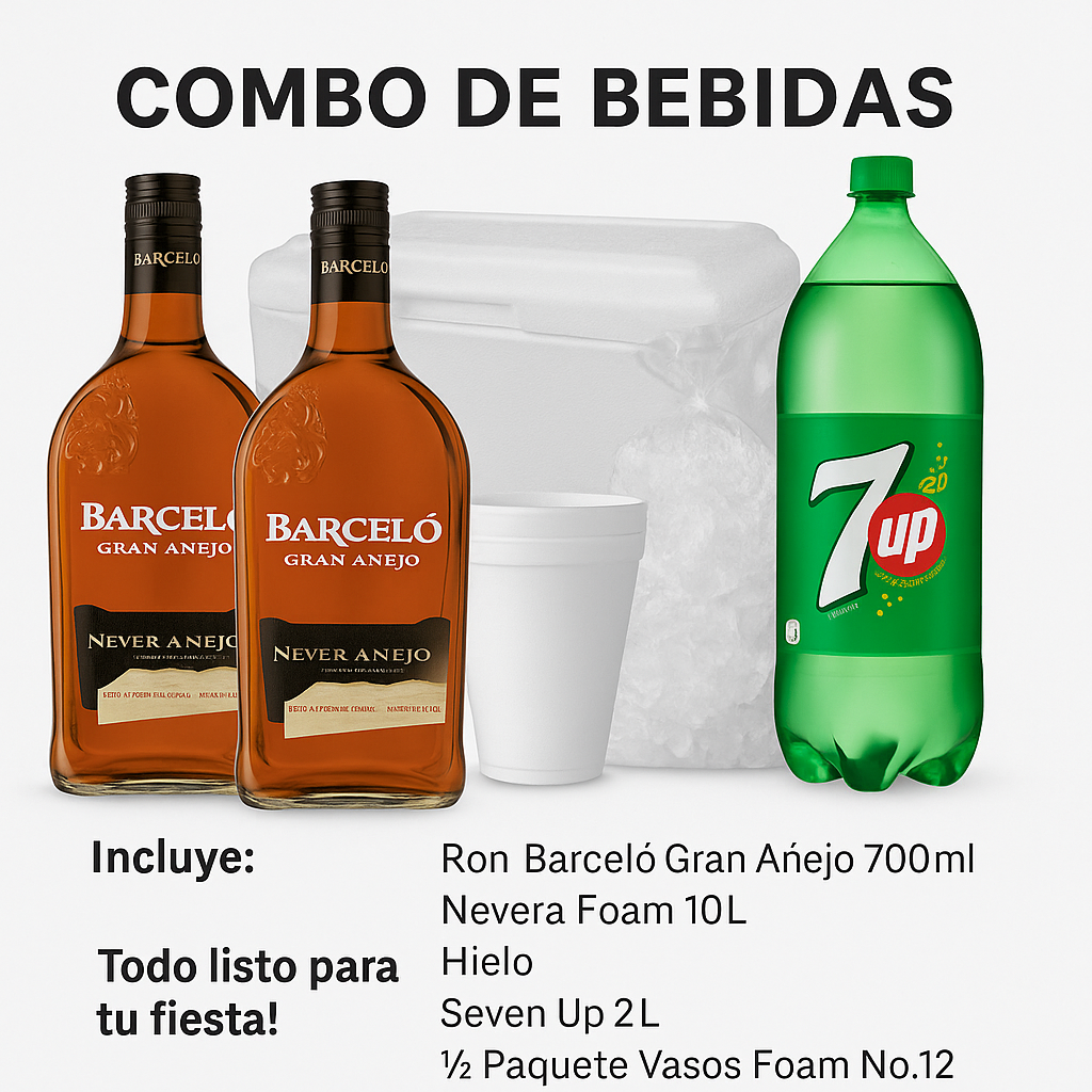 2 Uds Barcelo Gran Añejo 700Ml + Nevera Foam 10Lt + Hielo + Seven Up 2LT + 1/2 Paq Vasos Foam no.12
